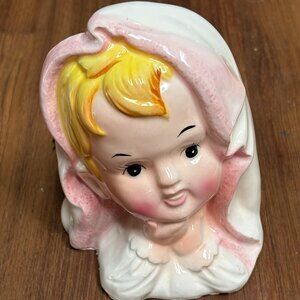 MCM RelPo Baby Girl Head Vase Planter Pink Blanket Baby Shower Vintage 6809